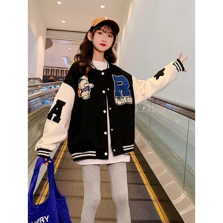 小熊棒球服外套女童春秋2025新款中大童小学生宽松刺绣潮牌夹克15
