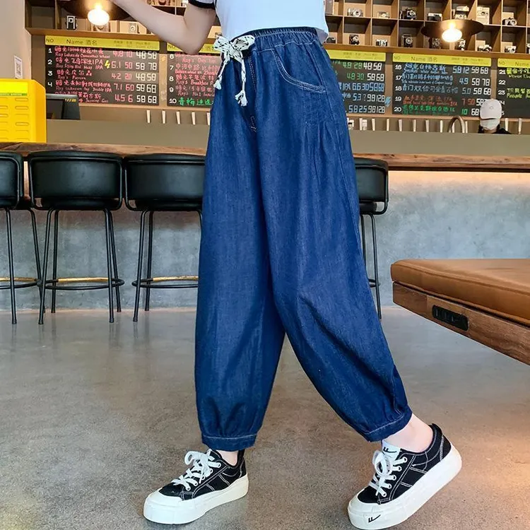女童软牛仔女装裤子中夏季夏装薄净蓝色宽松休闲老爹裤洋气防蚊裤
