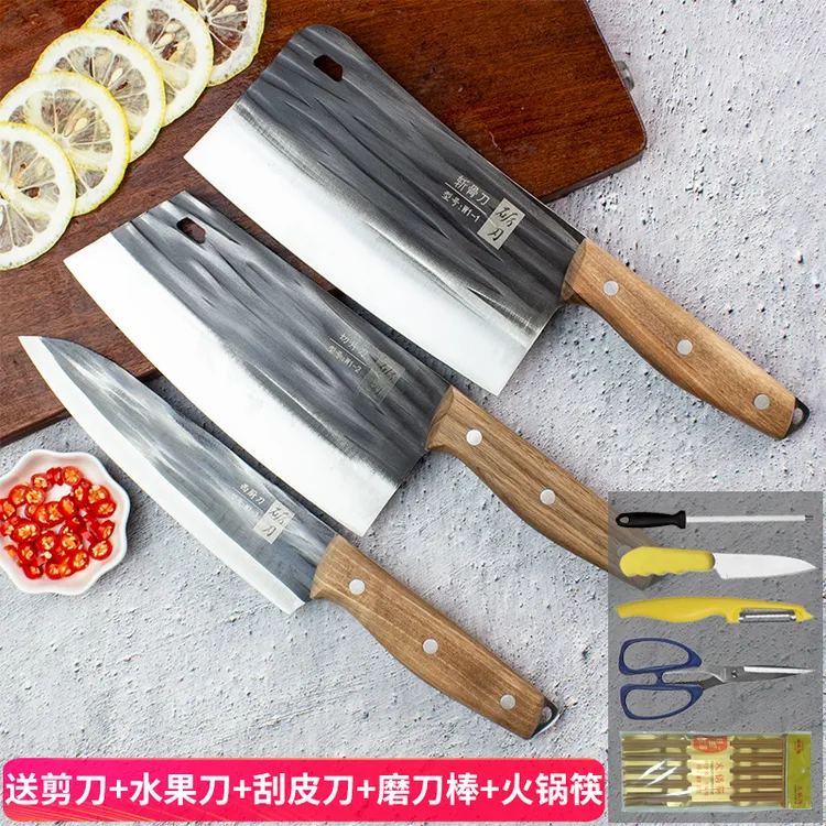 砺刃锻打菜刀三件套组合家用厨房刀具锋利切片刀斩骨刀料理刀超快
