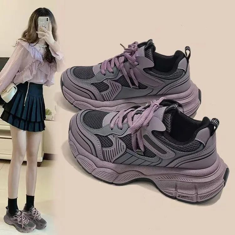 2024新款秋季紫色老爹鞋增高厚底百搭高颜值休闲透气显高运动鞋女
