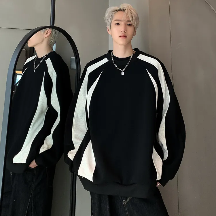 重磅高街美式卫衣男秋季oversize拼接撞色长袖上衣潮牌设计感外套