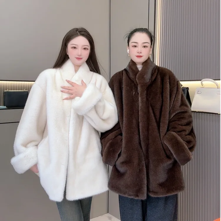 【KK】富家千金新款双色毛韩版挽袖百搭领毛毛外套