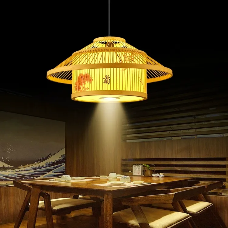 雩嘉新中式餐厅饭店包间竹编吊灯复古风餐饮店铺带射灯竹艺房子