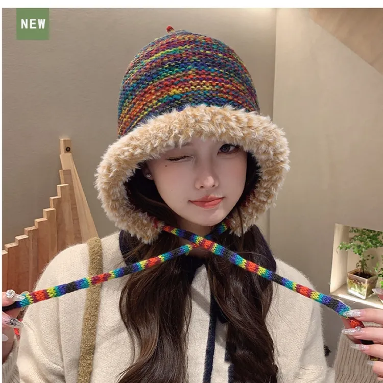 女冬季新款彩虹渐变毛线帽抽绳复古针织帽多巴胺撞色护耳保暖帽  