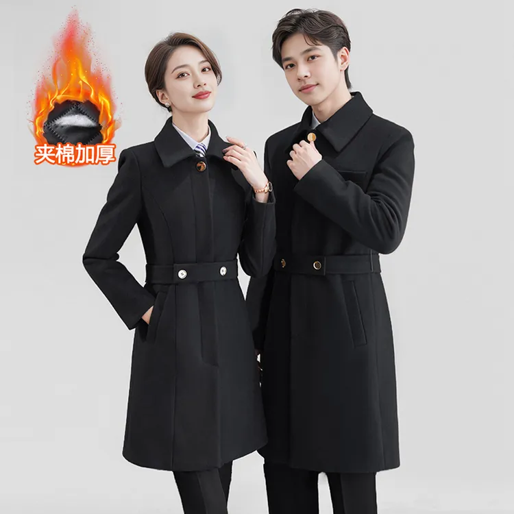 黑色职业毛呢夹棉大衣外套男女同款冬装移动电信联通营业厅工作服
