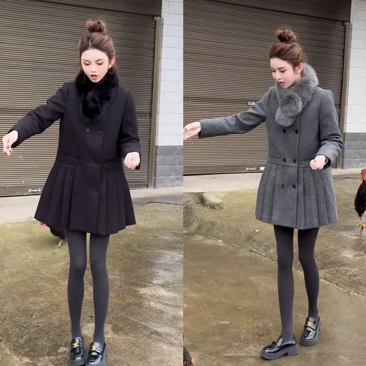 2024冬季新款法式小香风气质百褶连衣裙外套