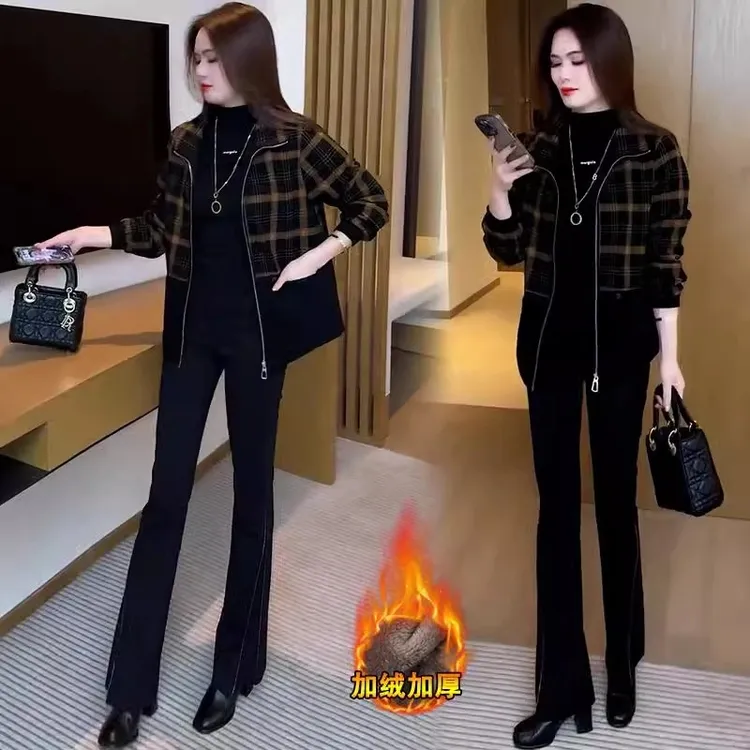 2024冬季新款时尚加绒加厚休闲格子短外套女洋气百搭减龄夹克上衣