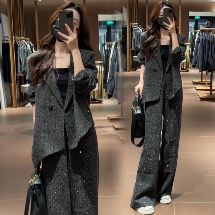 时尚套装女2024秋季新款洋气质星空亮钻西装外套阔腿裤减龄两件套
