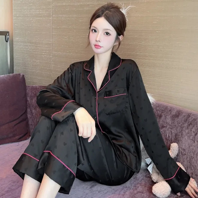 爱心提花玫红边睡衣女冰丝长袖长裤春秋季家居服套装网红黑色韩版