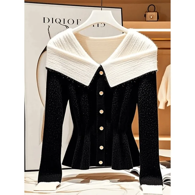 黑白小香风翻脸针织衫女秋季新款慵懒设计感宽松长袖上衣毛衣