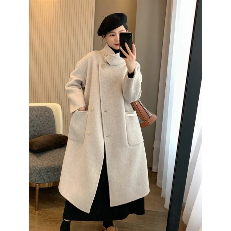 【Somi素米】24秋冬立领外套女韩系宽松加厚双面羊毛长款毛呢外套
