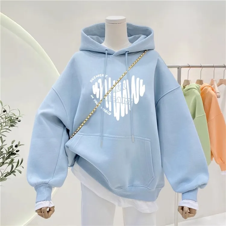 2023年新款潮牌春秋休闲连帽套头卫衣女加绒加厚宽松外套上衣ins