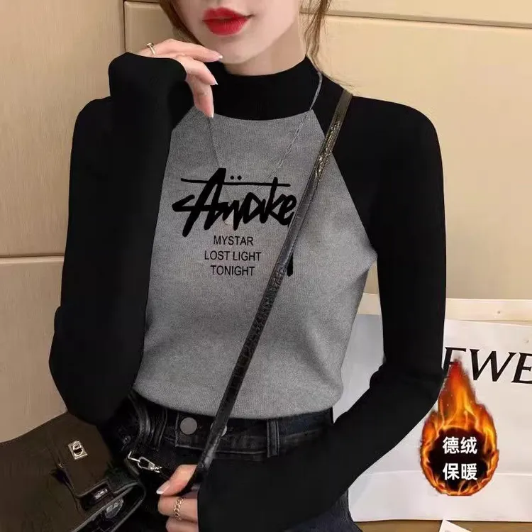 中高领德绒磨毛别致插肩撞色修身打底衫半高领内搭显瘦长袖T恤女