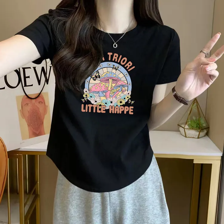 大码胖mm设计感圆弧下摆修身显瘦T恤女夏季韩版简约正肩圆领上衣