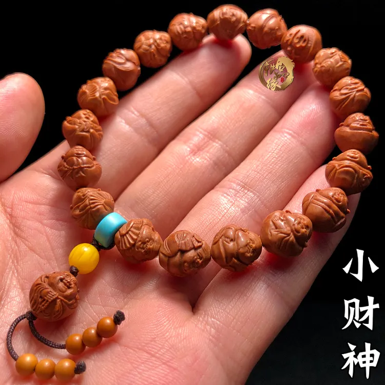 精品财神特小桃核手串女款文玩核雕八宝财神爷八方来财橄榄核精雕