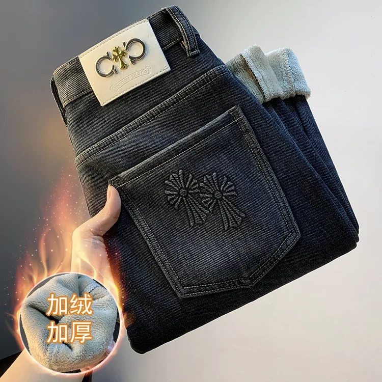 冬季加绒牛仔裤男款欧美高端休闲小脚长裤重磅加厚男士牛仔裤子