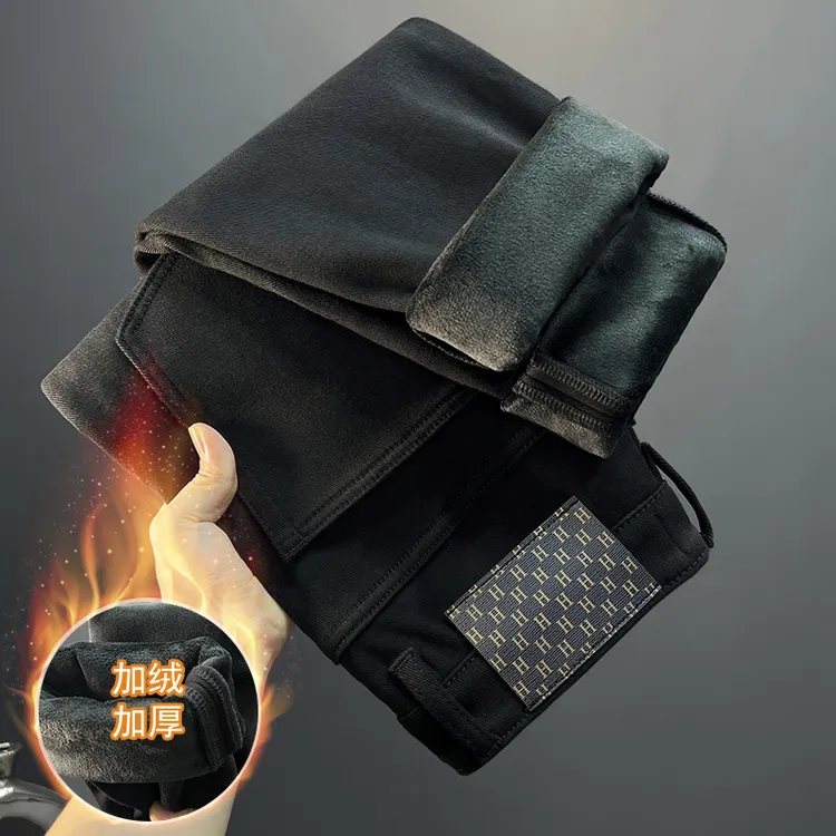 弗基马奇加绒牛仔裤男潮流纯黑色加厚保暖修身长裤一体绒厚款男裤