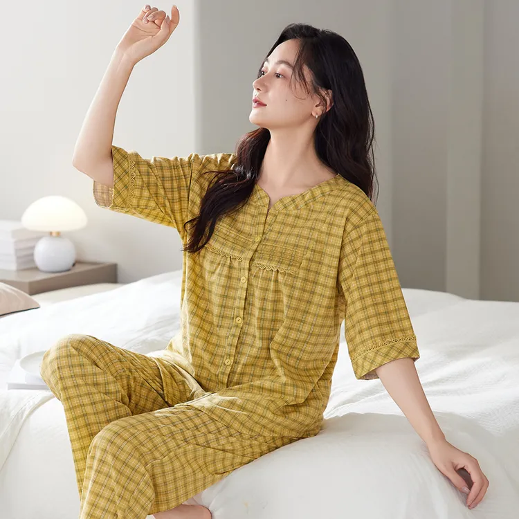 睡衣女短袖夏季春秋纯棉大码春夏薄款女士夏天半袖长裤套装家居服