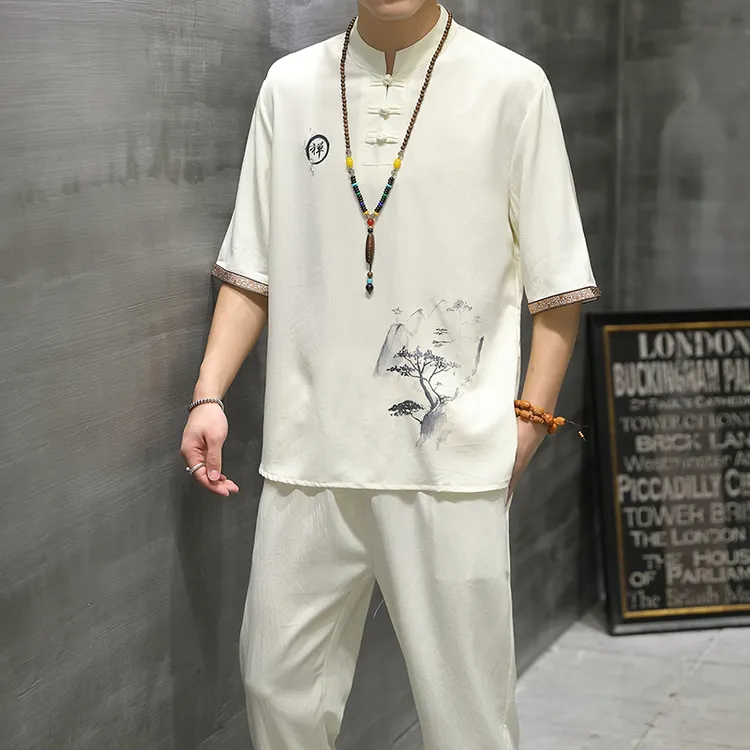 爸爸中国风男装佛系休闲套装禅服茶服居士服中式唐装复古风汉潮流