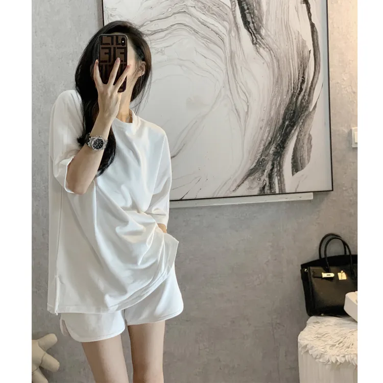 白色运动套装女夏2025新款网红炸街高级感t恤短裤时尚休闲两件套
