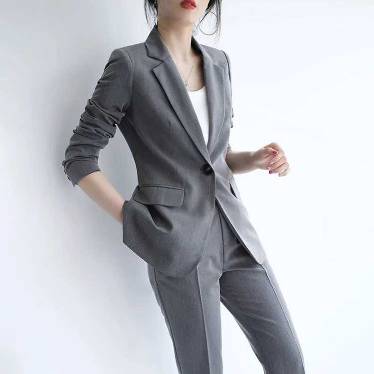 灰色西装春秋新款高端面试职场气质工作服职业西装套装女