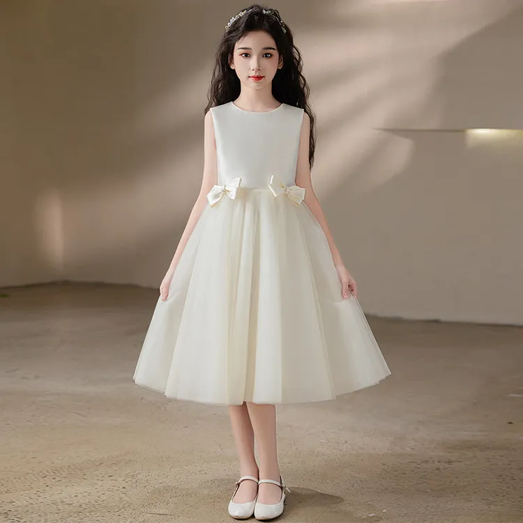 女童钢琴演奏礼服花童白色缎面礼服裙小女孩生日公主裙儿童演出服