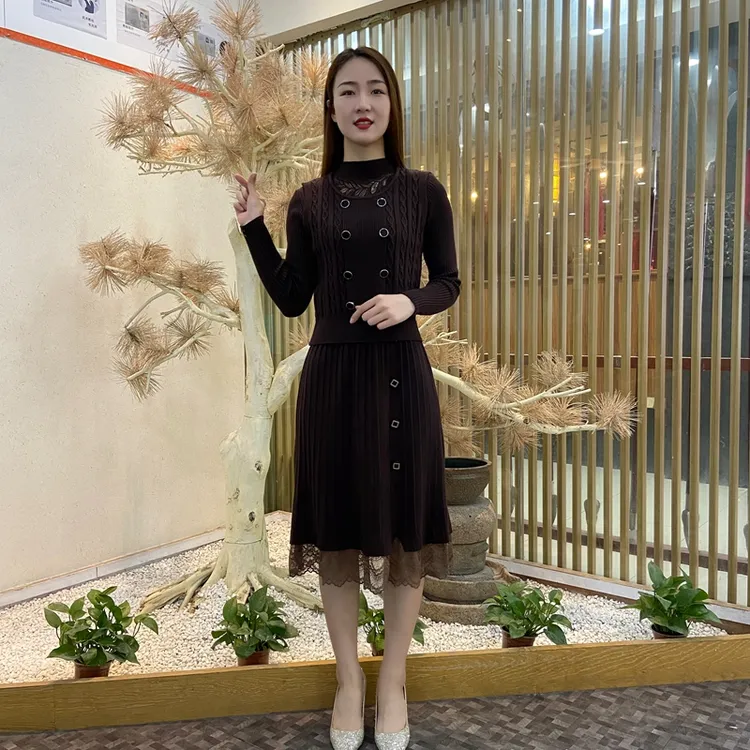 秋冬针织双排扣背心两件套时尚半高领针织中长款连衣裙洋气长袖裙