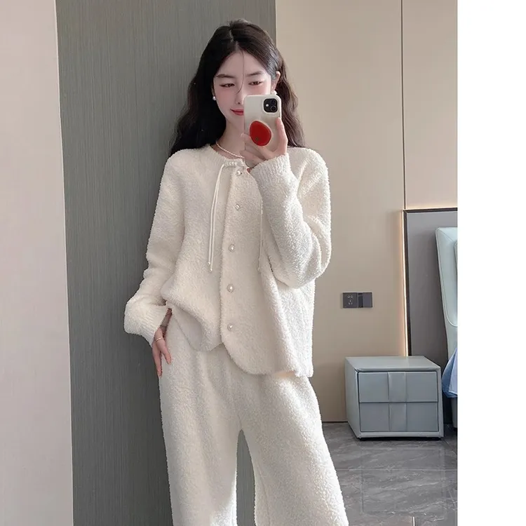 半边绒长袖新款新中式盘扣休闲睡衣上衣圆领保暖家居服可外穿套装