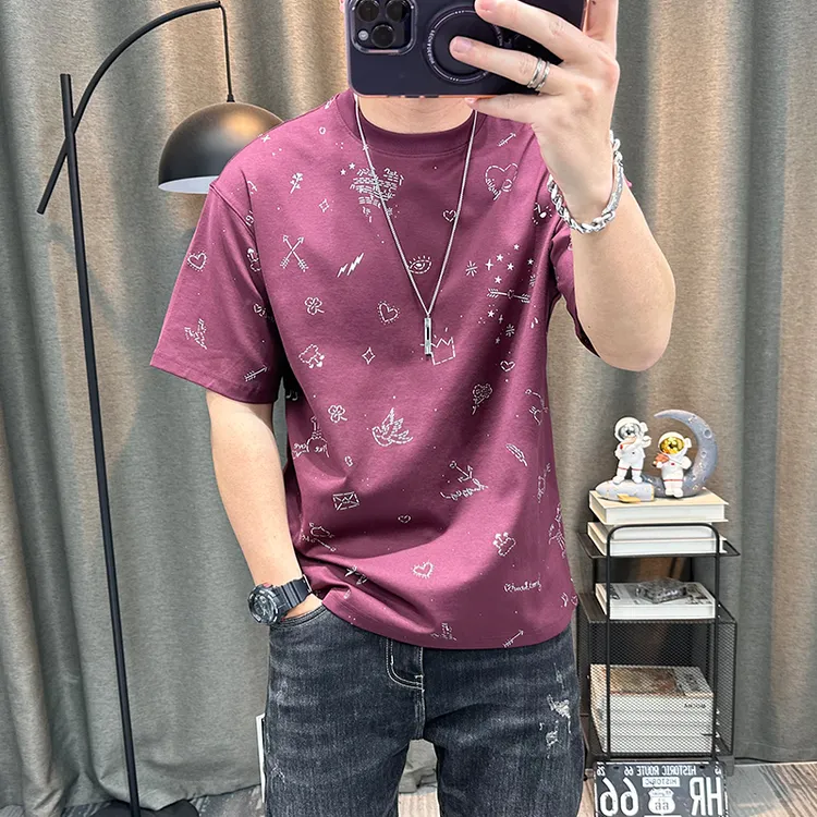 短袖t恤衫男士2025夏季新款满身印花高端休闲半袖体恤衫男装上衣