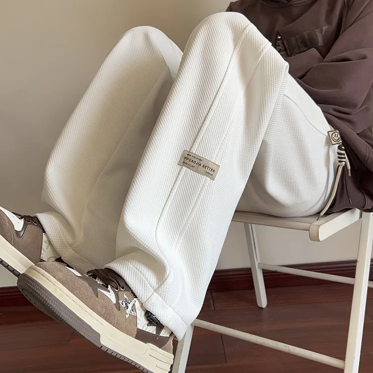 新款华夫格加绒裤子男士春秋季运动卫裤直筒阔腿裤大码休闲长裤厚