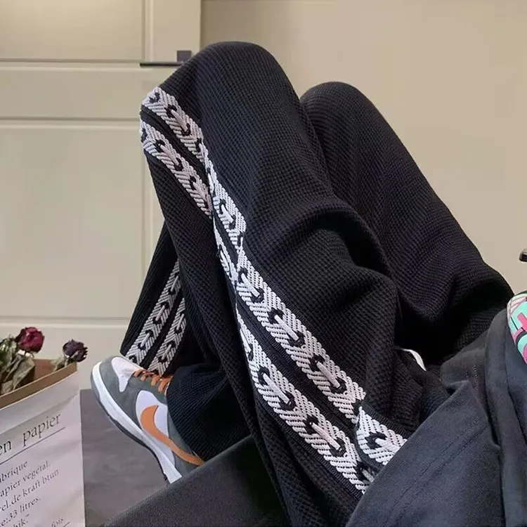 美式高街华夫格裤子男士夏季潮牌卫裤男生宽松直筒阔腿休闲长裤子