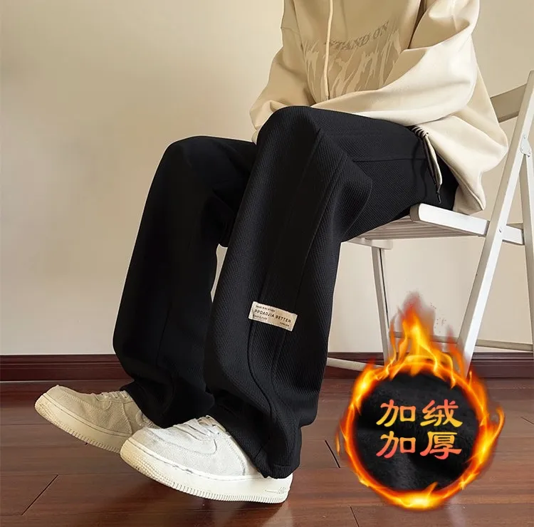 华夫格裤子加绒加厚美式复古卫裤男秋冬季垂感直筒宽松休闲运动裤