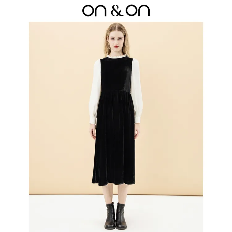 ON&ON/安乃安春季新款法式木耳边假两件丝绒连衣裙-N3SH1611401