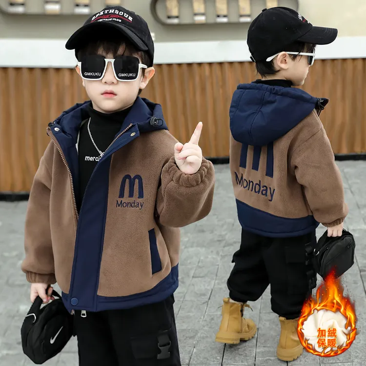 男童加绒外套秋冬装2025新款中小童洋气连帽上衣男孩冬季加厚棉服