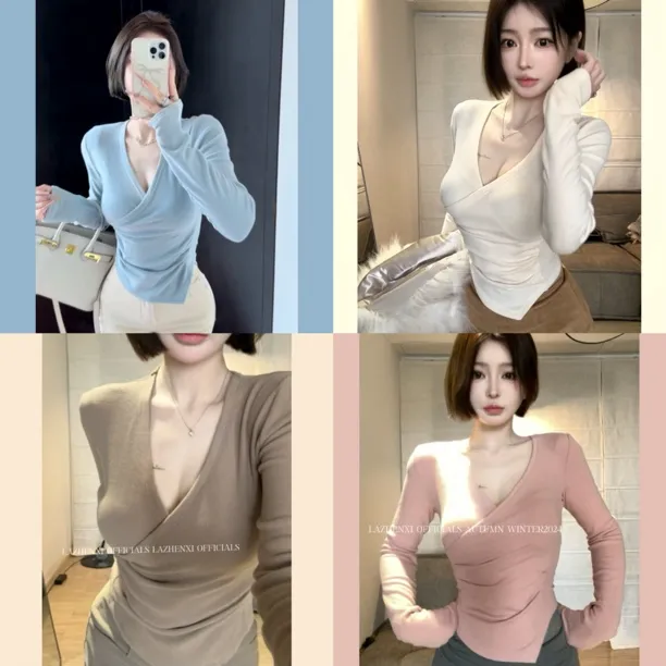 【南韩情书】胸大腰细磨毛百搭v领交叉领上衣修身长袖女2025新款