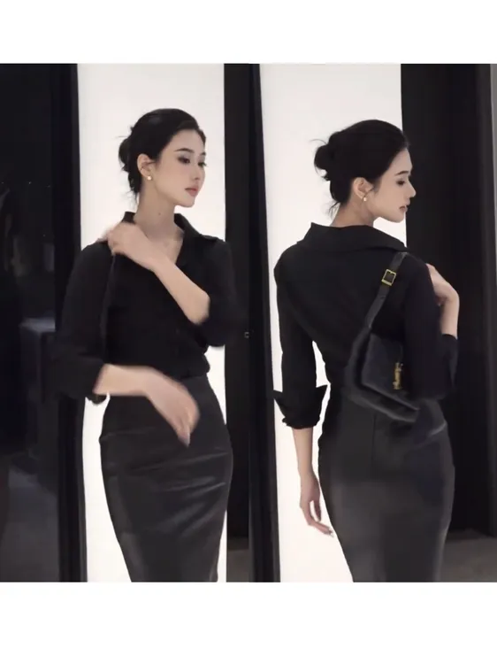 气质高级御姐风黑色收腰衬衫/加 收腰显瘦长袖包臀中长裙套装女