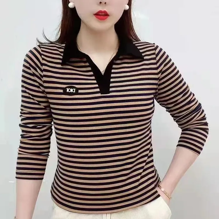早秋薄款长袖t恤条纹百搭休闲翻领上衣中年女士打底衫时尚小衫