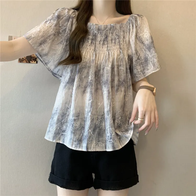 多巴胺甜美扎染短袖衬衫女夏季新款小众遮肚子时尚娃娃衫上衣1632