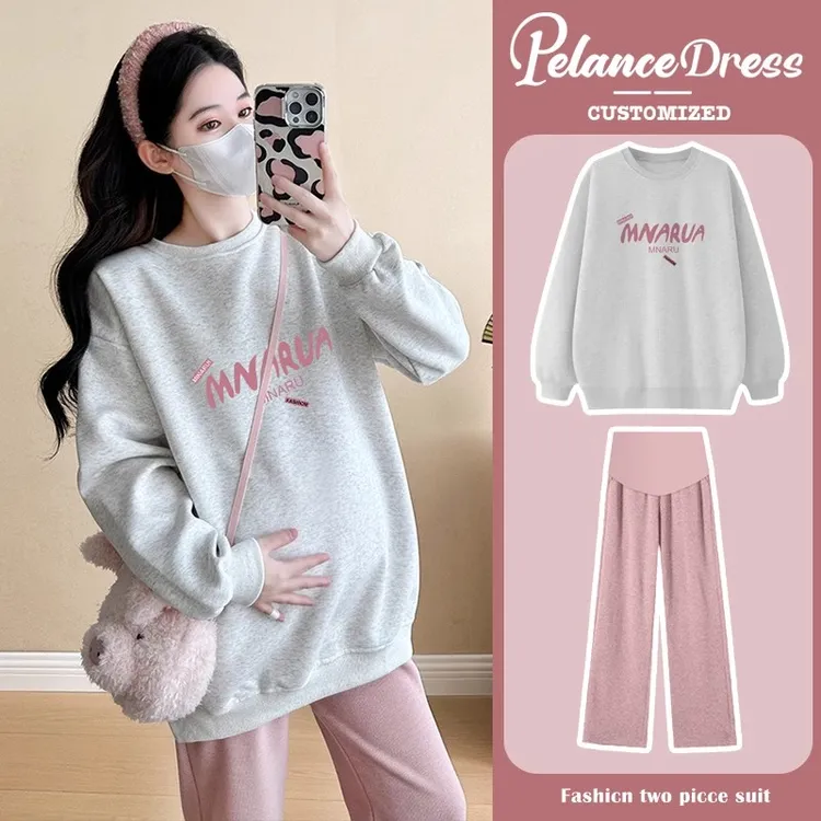 孕妇秋装套装新款卫衣女秋冬白灰时尚大码慵懒长袖裤子两件套春季