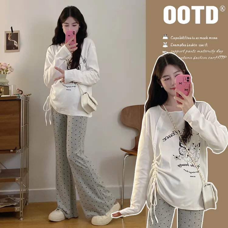 设计感孕妇套装春秋季印花孕妇T恤温柔风孕妇上衣喇叭裤两件套潮