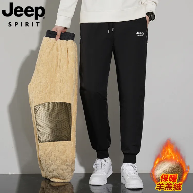 JEEP吉普加绒加厚棉裤男士冬季束脚裤子羊羔绒直筒运动长裤男款