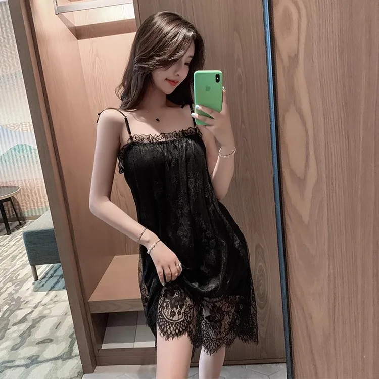 抖店韩版网红夏季薄款蕾丝吊带睡裙女冰丝感大码性感纯欲风睡衣