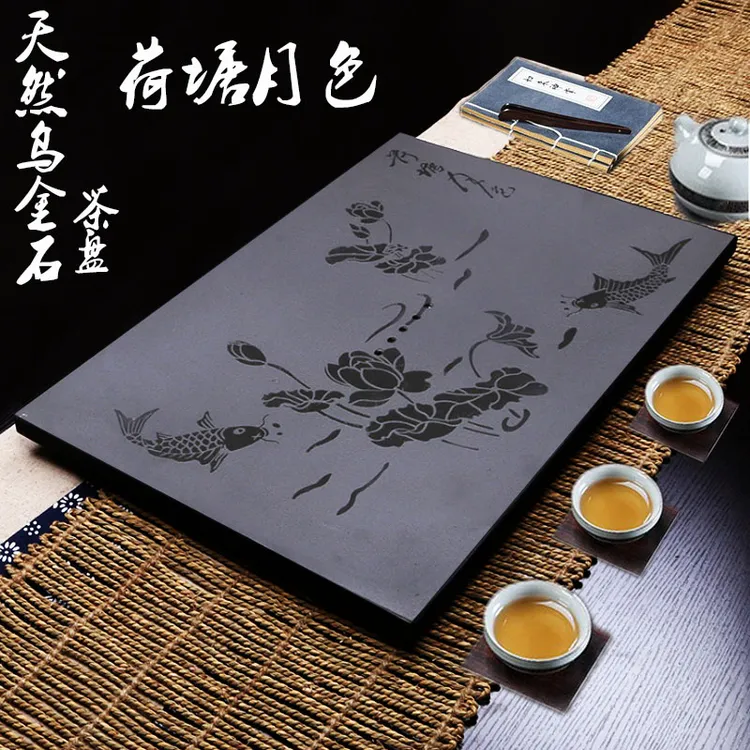 乌金石茶盘定制尺寸茶桌配件内嵌入式家用大整块盖板茶台漏水简约