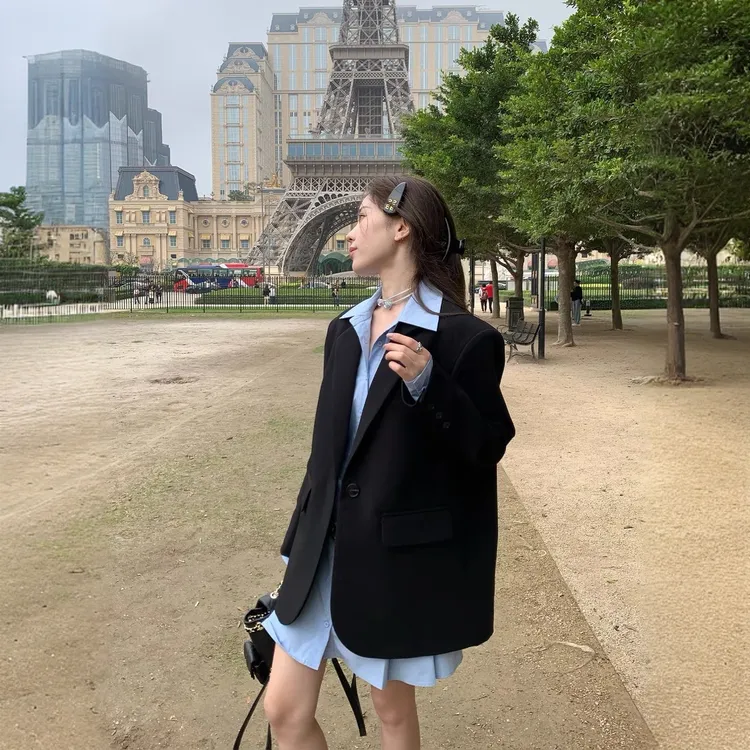 高级灰韩版小西装外套女小个子2024爆款新款宽松休闲秋冬气质西服