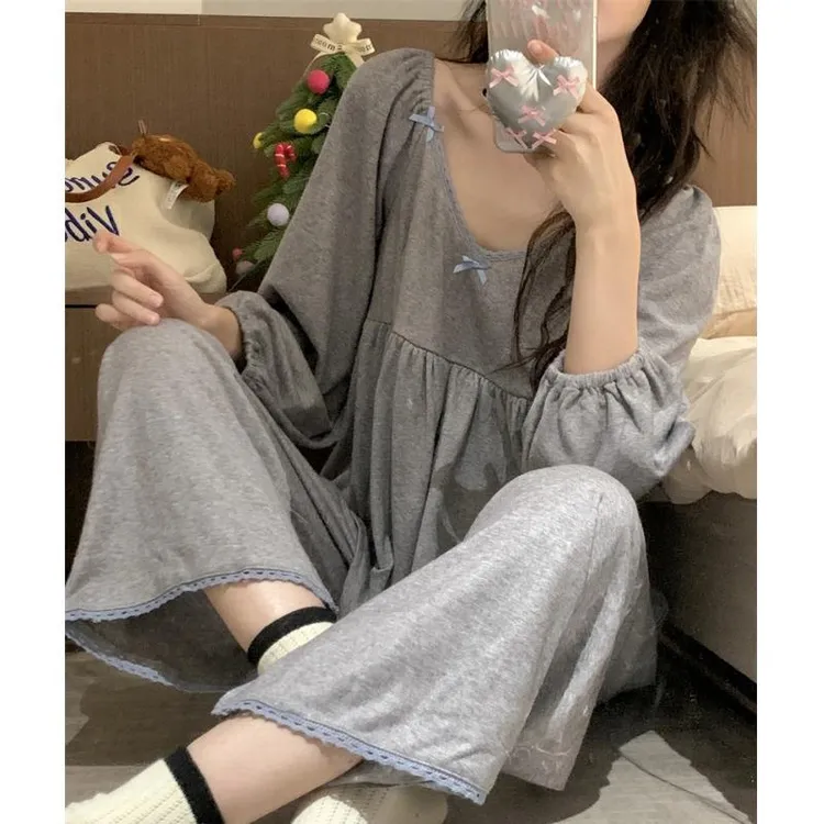 睡衣女秋冬季加厚韩版甜美蕾丝毛巾绒纯棉长袖长裤家居服套装学生