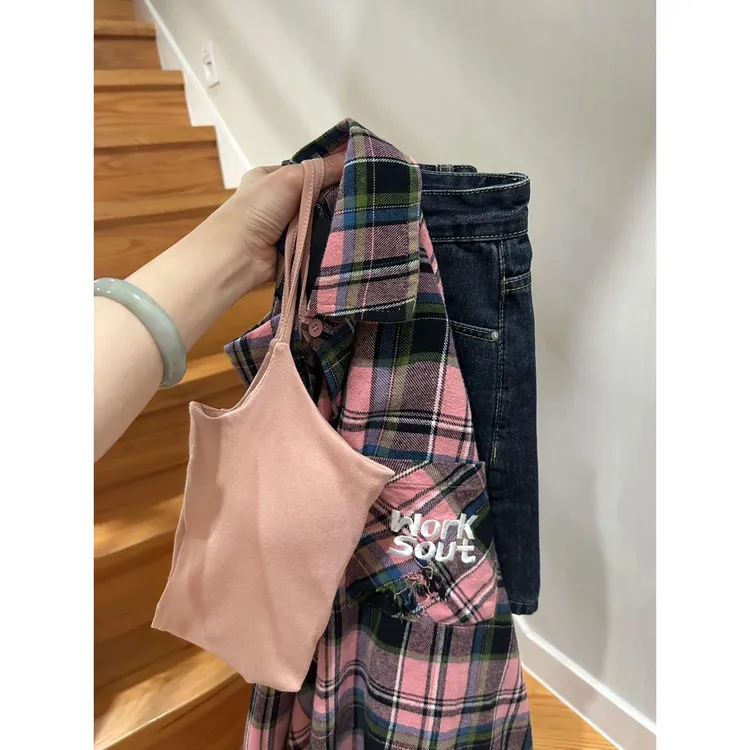 高颜巨好看~美式复古bm风粉色格子衬衫女秋季衬衣别致长袖上衣潮