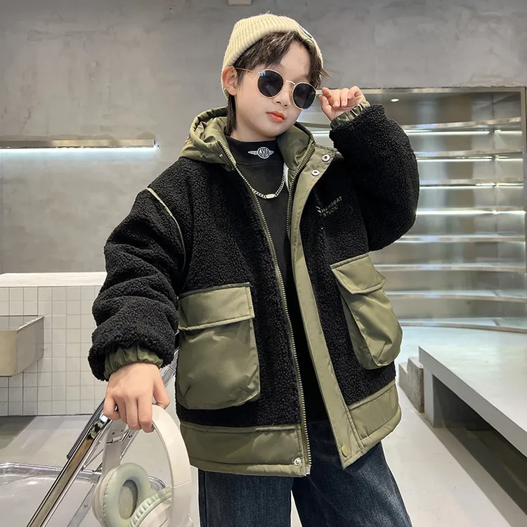 男童加绒外套秋冬款2025新款儿童加厚毛毛衣中大童男孩夹棉服冬装