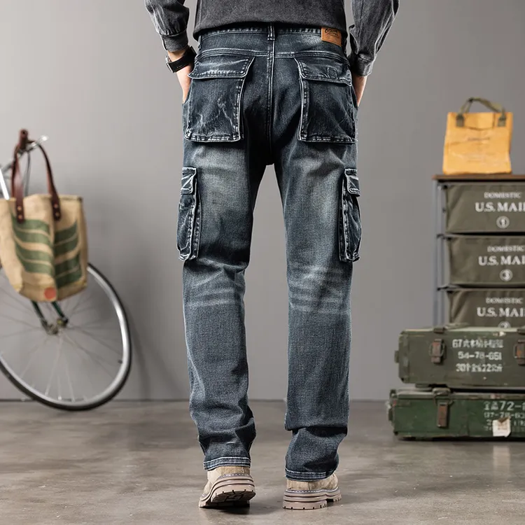 户外战术多口袋工装牛仔裤男宽松直筒大码潮牌加肥大复古黑秋冬款