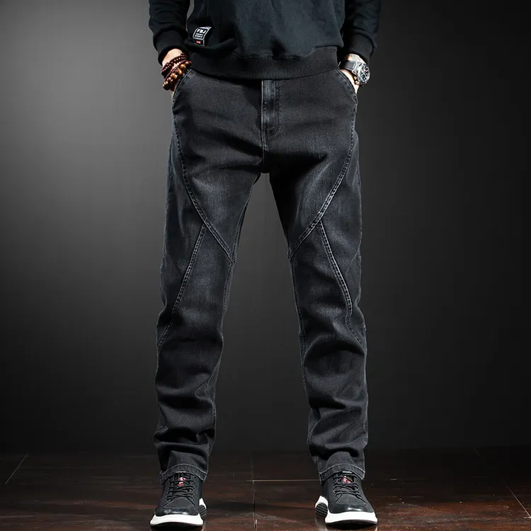 双11黑色加绒加厚男士大码宽松小直筒拼接休闲牛仔裤男秋冬款长裤