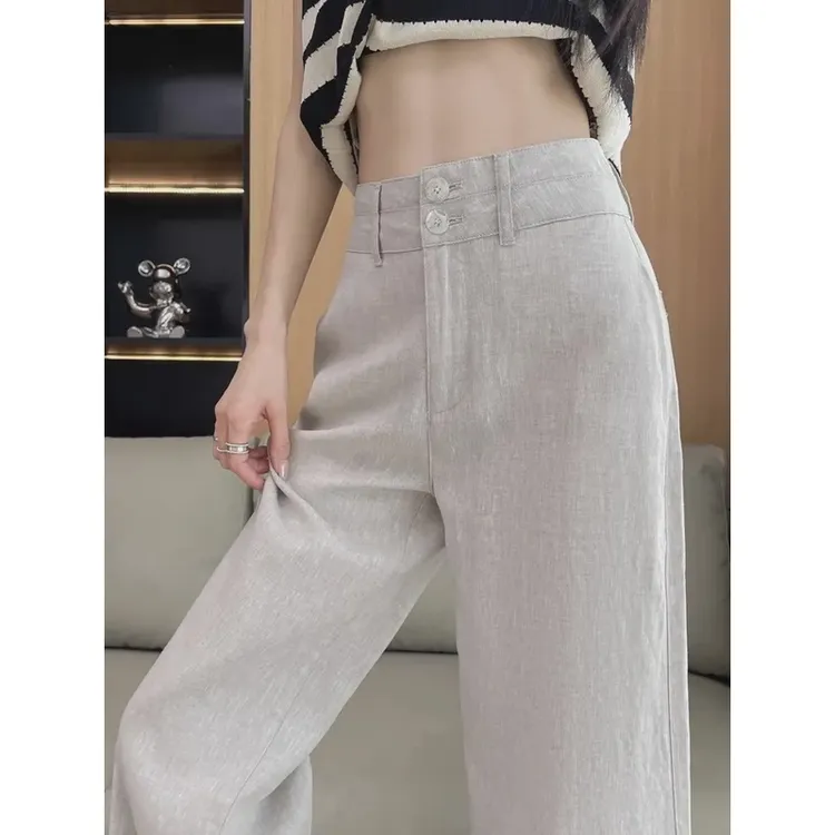 女士休闲裤亚麻裤子夏季薄款裤女2024高腰直筒棉麻女裤棉麻裤子